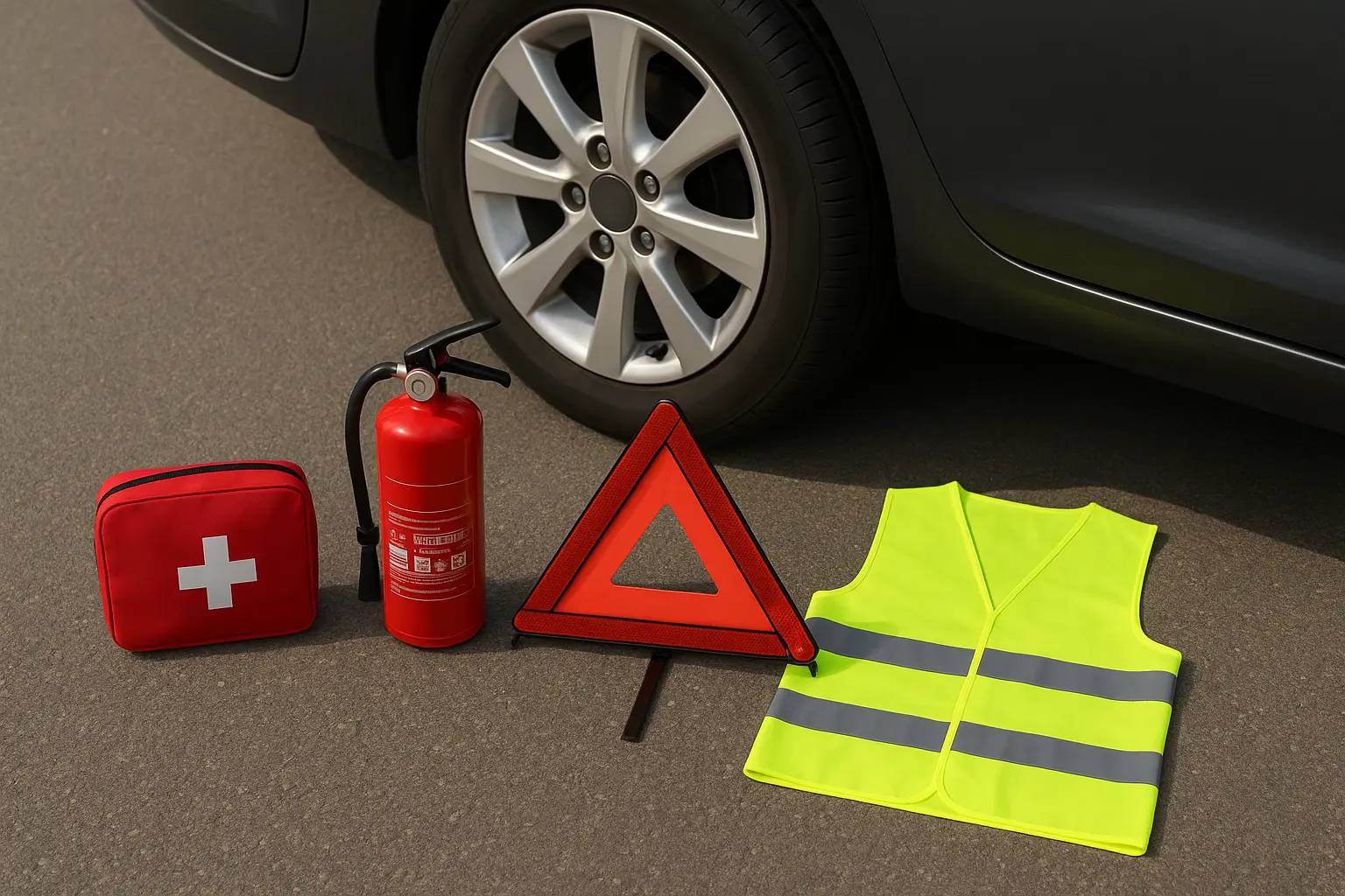 Аккуратно разложенные на асфальте возле автомобиля: аптечка европейского образца, огнетушитель, знак аварийной остановки и яркий светоотражающий жилет.